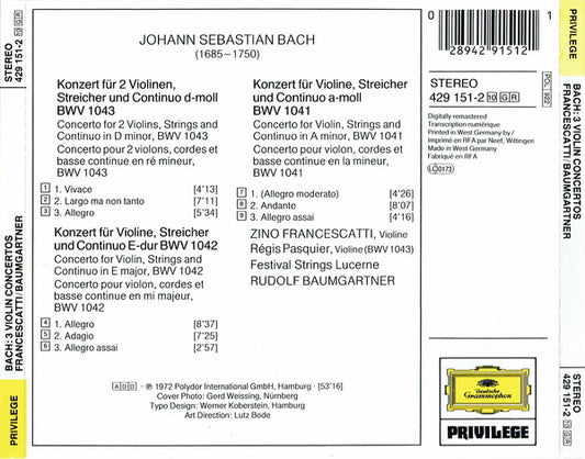 Johann Sebastian Bach - Zino Francescatti, Festival Strings Lucerne, Rudolf Baumgartner : 2 Violin Concertos / Concerto For Two Violins (CD, Album, RE, RM)