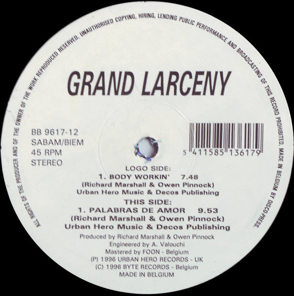 Grand Larceny : Body Workin' / Palabras De Amor (12", Promo)