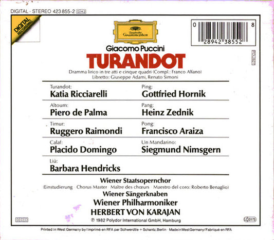 Giacomo Puccini - Katia Ricciarelli · Placido Domingo · Barbara Hendricks · Ruggero Raimondi · Wiener Staatsopernchor · Wiener Sängerknaben* · Wiener Philharmoniker · Herbert Von Karajan : Turandot (2xCD, Album + Box, Sli)