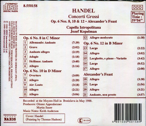 Georg Friedrich Händel, Capella Istropolitana, Jozef Kopelman : Concerti Grossi Op.6 Nos. 8, 10 & 12 - Alexander's Feast (CD)