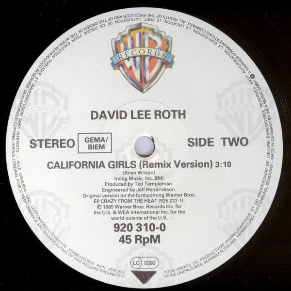 David Lee Roth : California Girls (12")