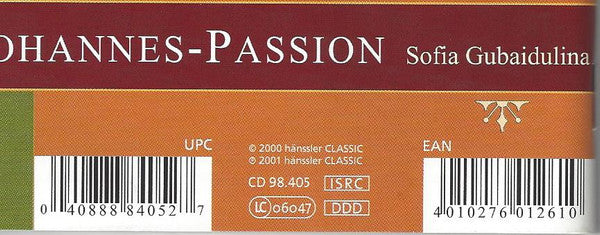 Sofia Gubaidulina - Natalia Kornieva, Viktor Lutsuk, Fedor Mozhaev, Gennady Bezzubenkov, St Petersburg Chamber Choir, Chorus Of The Mariinsky Theatre Und Orchestra Of The Mariinsky Theatre, Valery Gergiev : Johannes-Passion = St. John Passion (2xCD, Album)