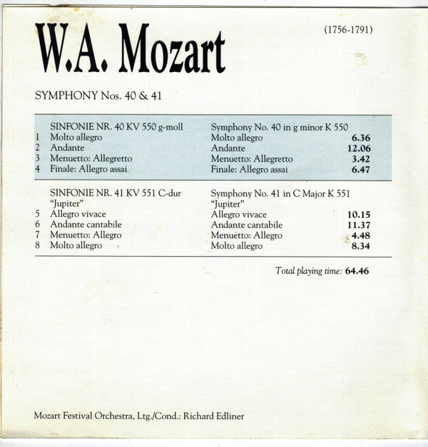 Wolfgang Amadeus Mozart - Mozart Festival Orchestra (2) Ltg./Cond.: Richard Edlinger : Symphony Nos. 40 & 41 (CD, Album)