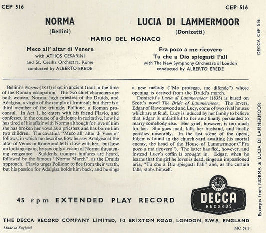 Mario Del Monaco : Norma / Lucia Di Lammermoor (7", EP)
