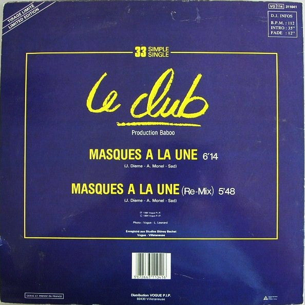 Le Club : Masques A La Une (12", Single, Ltd)
