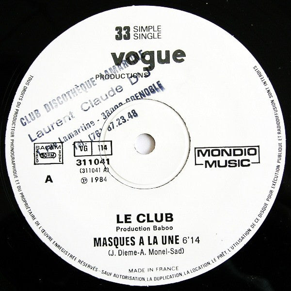 Le Club : Masques A La Une (12", Single, Ltd)