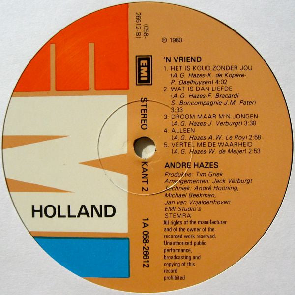 André Hazes : 'n Vriend (LP, Album)