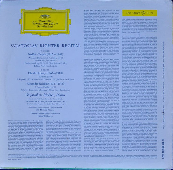Claude Debussy, Frédéric Chopin, Alexander Scriabin - Sviatoslav Richter : Recital (LP, Mono)