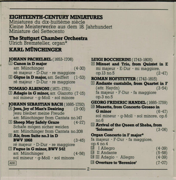 Tomaso Albinoni • Johann Sebastian Bach • Luigi Boccherini • Georg Friedrich Händel • Stuttgarter Kammerorchester, Karl Münchinger : Pachelbel Canon (CD, Album, RM)