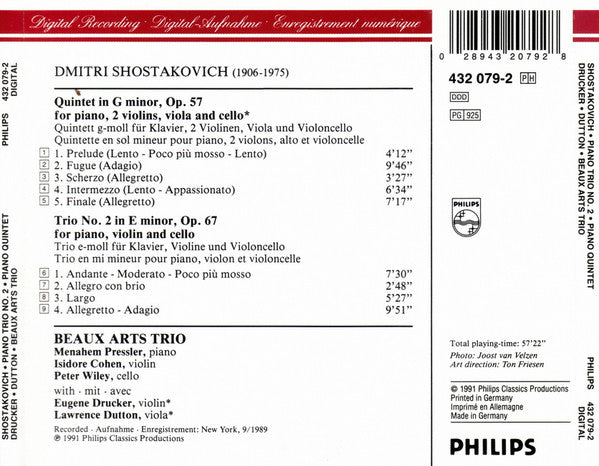 Dmitri Shostakovich, Beaux Arts Trio, Eugene Drucker, Lawrence Dutton : Piano Trio No. 2 · Piano Quintet (CD)