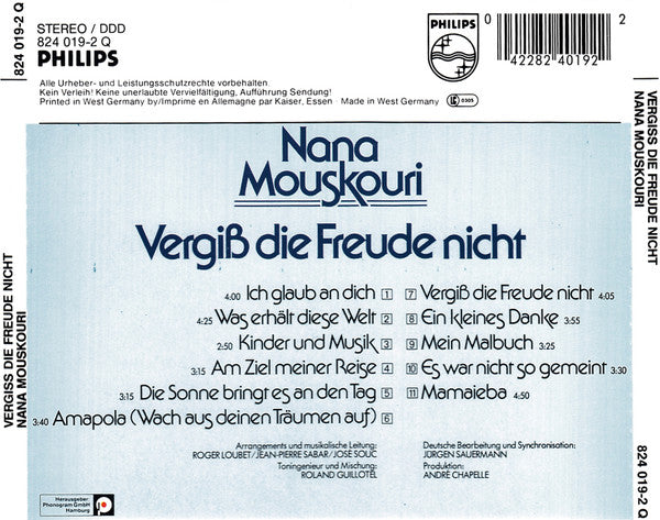 Nana Mouskouri : Vergiß Die Freude Nicht (CD, Album)