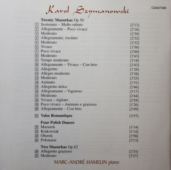 Karol Szymanowski, Marc-André Hamelin : The Complete Mazurkas (CD)