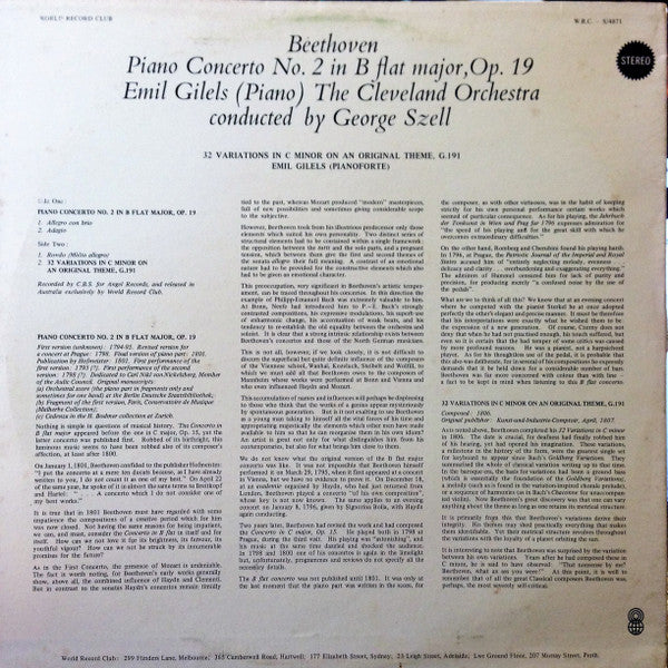 Ludwig van Beethoven / Emil Gilels / The Cleveland Orchestra / George Szell : Concerto No. 2 In B Flat Major, Op. 19 (LP, Album, Club, RE)