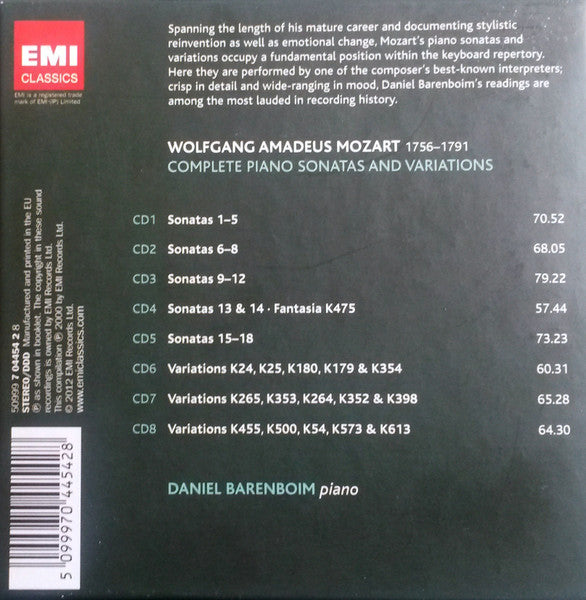 Wolfgang Amadeus Mozart - Daniel Barenboim : Complete Piano Sonatas And Variations (8xCD, Comp, RE + Box)