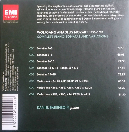 Wolfgang Amadeus Mozart - Daniel Barenboim : Complete Piano Sonatas And Variations (8xCD, Comp, RE + Box)