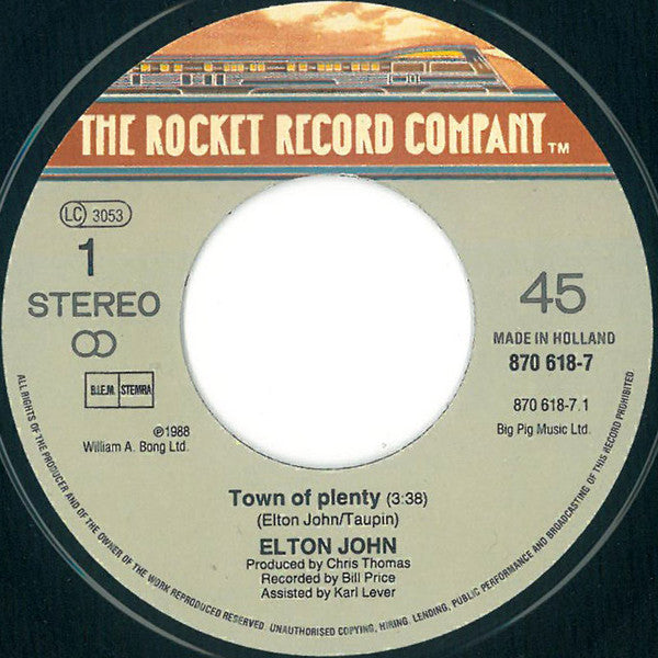 Elton John : Town Of Plenty (7", Single)