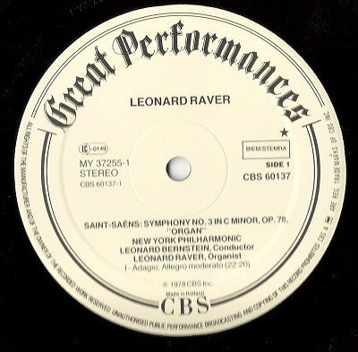 Camille Saint-Saëns - Leonard Bernstein, New York Philharmonic, Leonard Raver : "Organ" Symphony Nº 3 In C Minor  (LP, Album)