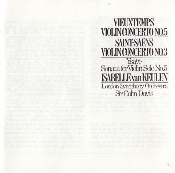 Henri Vieuxtemps / Camille Saint-Saëns / Eugène Ysaÿe – Isabelle van Keulen, London Symphony Orchestra, Sir Colin Davis : Violin Concerto No. 5 / Violin Concerto No. 3 / Sonata For Violin Solo No. 5 (CD)
