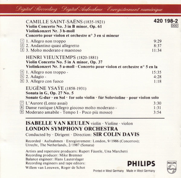 Henri Vieuxtemps / Camille Saint-Saëns / Eugène Ysaÿe – Isabelle van Keulen, London Symphony Orchestra, Sir Colin Davis : Violin Concerto No. 5 / Violin Concerto No. 3 / Sonata For Violin Solo No. 5 (CD)