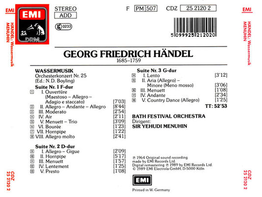 Georg Friedrich Händel, Bath Festival Orchestra Conducted By Yehudi Menuhin : Water Music (Complete) (CD)