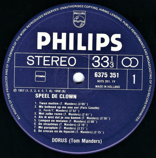 Dorus : Speel De Clown - Liedjes En Conferences Tom (Dorus) Manders (2xLP, Comp)