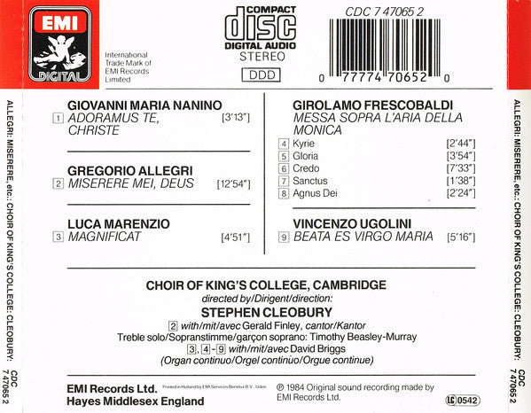 Gregorio Allegri / Giovanni Maria Nanino / Luca Marenzio / Girolamo Frescobaldi / Vincenzo Ugolini - The King's College Choir Of Cambridge Directed By Stephen Cleobury : Miserere (CD, Album)
