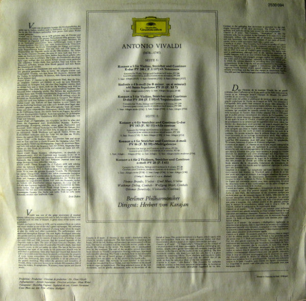 Antonio Vivaldi, Berliner Philharmoniker • Herbert Von Karajan : 6 Concerti «L'Amoroso» U.A. (LP)