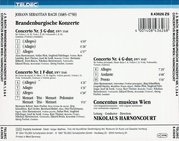 Johann Sebastian Bach, Concentus Musicus Wien, Nikolaus Harnoncourt : Brandenburgische Konzerte Nr.1, 3 & 4 (CD, RE)