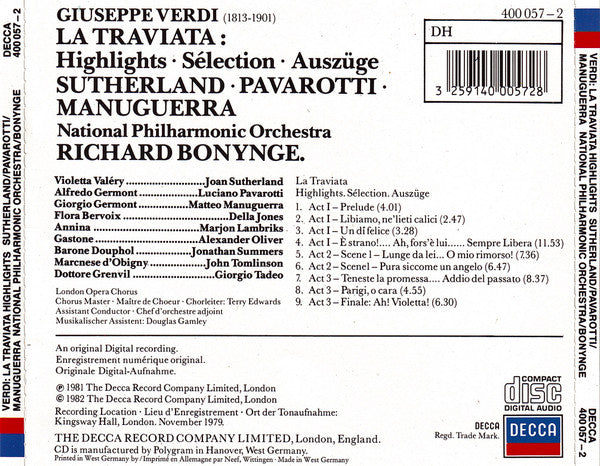Giuseppe Verdi, Joan Sutherland, Luciano Pavarotti, Matteo Manuguerra, National Philharmonic Orchestra, Richard Bonynge : La Traviata (Highlights ∙ Sélection ∙ Auszüge) (CD, Album, RE)