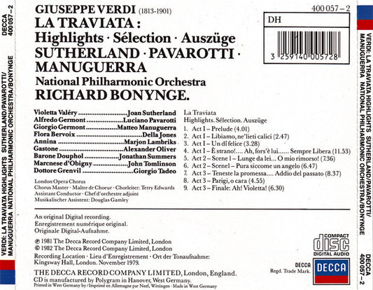 Giuseppe Verdi, Joan Sutherland, Luciano Pavarotti, Matteo Manuguerra, National Philharmonic Orchestra, Richard Bonynge : La Traviata (Highlights ∙ Sélection ∙ Auszüge) (CD, Album, RE)