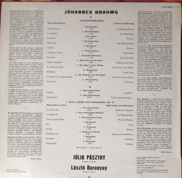 Johannes Brahms, Pászthy Júlia, László Baranyay : Volkskinderlieder / Acht Lieder Und Romanzen, Op.14  (LP)