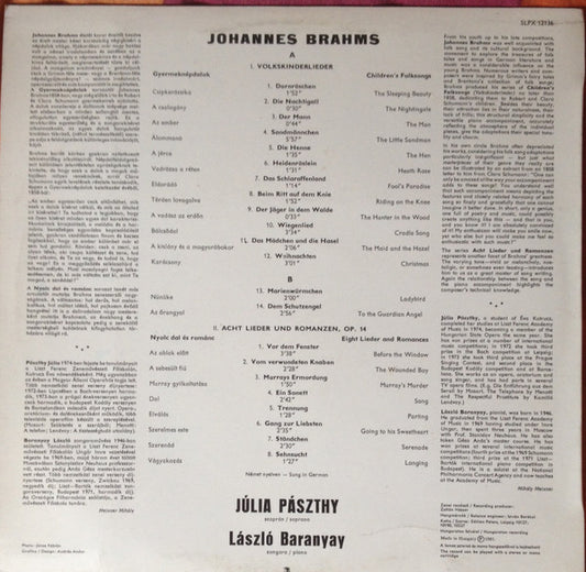 Johannes Brahms, Pászthy Júlia, László Baranyay : Volkskinderlieder / Acht Lieder Und Romanzen, Op.14  (LP)
