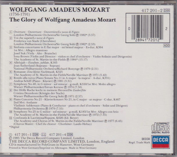 Wolfgang Amadeus Mozart : The Glory Of Wolfgang Amadeus Mozart (CD, Comp, RM)