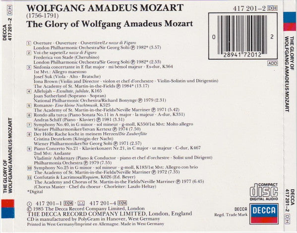 Wolfgang Amadeus Mozart : The Glory Of Wolfgang Amadeus Mozart (CD, Comp, RM)