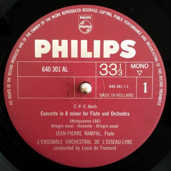 Carl Philipp Emanuel Bach, Jean-Pierre Rampal, Louis De Froment : Twee Concerten voor Fluit En Orkest (LP, Album, Mono)