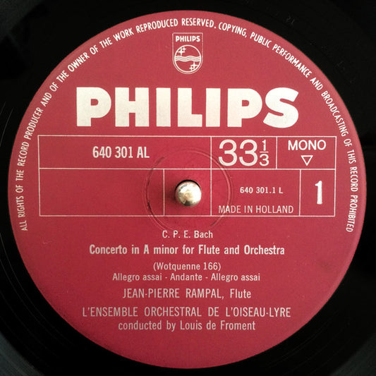 Carl Philipp Emanuel Bach, Jean-Pierre Rampal, Louis De Froment : Twee Concerten voor Fluit En Orkest (LP, Album, Mono)