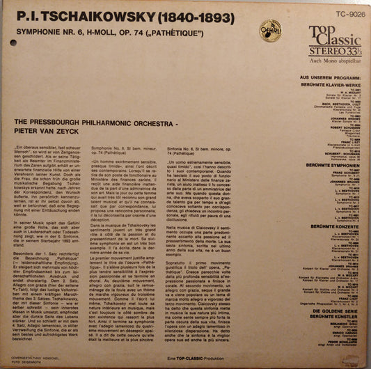 Pyotr Ilyich Tchaikovsky : Tschaikowsky Symphonie Nr. 6, H-Moll, Op. 74 (Pathetique) (LP, Album)