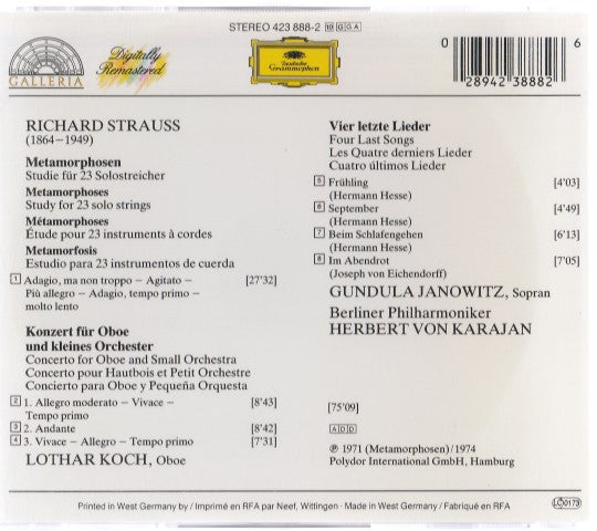 Richard Strauss / Gundula Janowitz, Lothar Koch, Berliner Philharmoniker, Herbert von Karajan : Four Last Songs - Metamorphosen - Oboe Concerto (CD, Comp)