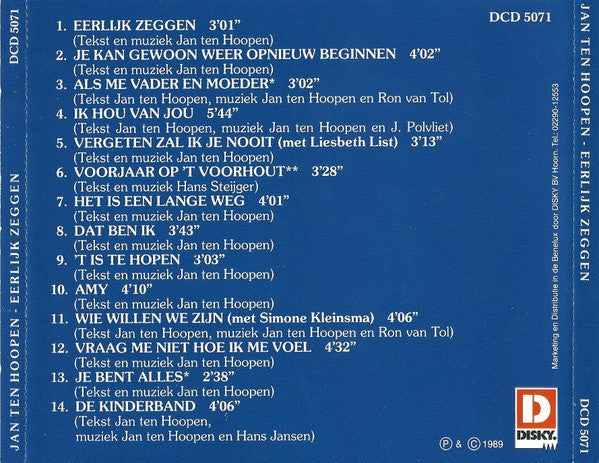 Jan Ten Hoopen : Eerlijk Zeggen (CD, Album)
