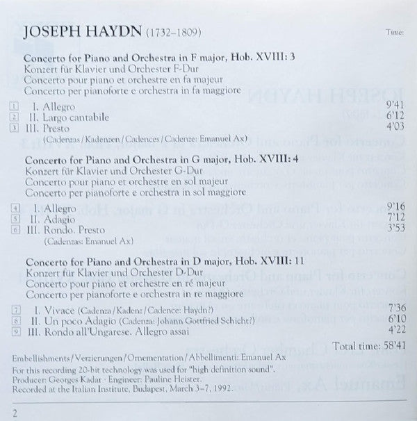 Joseph Haydn - Emanuel Ax - Liszt Ferenc Chamber Orchestra : Piano Concertos / F Major - G Major - D Major (CD)