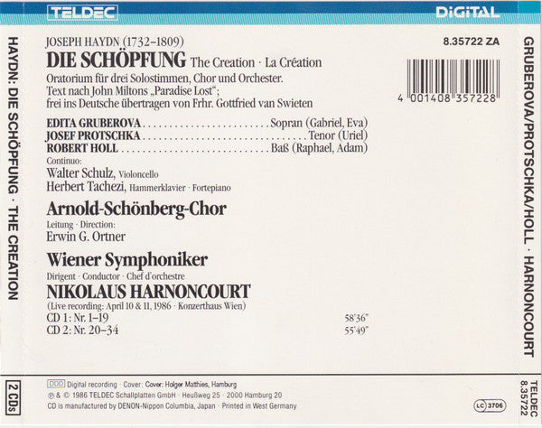 Joseph Haydn / Edita Gruberova • Josef Protschka • Robert Holl • Arnold Schoenberg Chor • Wiener Symphoniker • Nikolaus Harnoncourt : Die Schöpfung = La Création = The Creation (2xCD, Album)