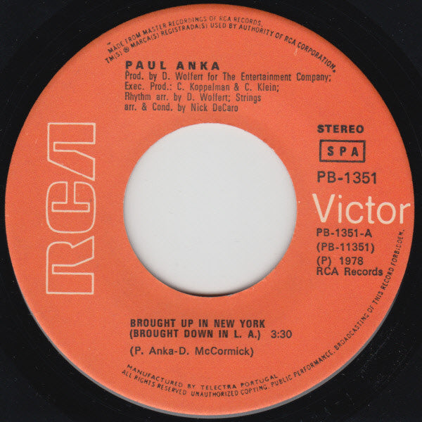 Paul Anka : Brought Up In New York (Brought Down In L.A.) / Love Me Lady (7", Single)