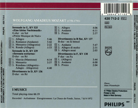 Wolfgang Amadeus Mozart, I Musici : Eine Kleine Nachtmusik / Serenade Notturna / Divertimenti K.136-138 (CD, Comp, RE, RM)