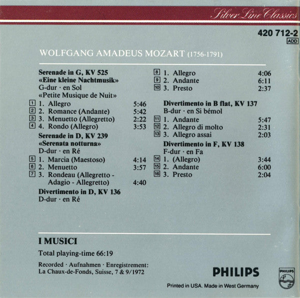 Wolfgang Amadeus Mozart, I Musici : Eine Kleine Nachtmusik / Serenade Notturna / Divertimenti K.136-138 (CD, Comp, RE, RM)