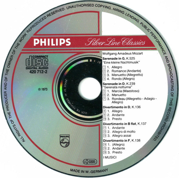 Wolfgang Amadeus Mozart, I Musici : Eine Kleine Nachtmusik / Serenade Notturna / Divertimenti K.136-138 (CD, Comp, RE, RM)