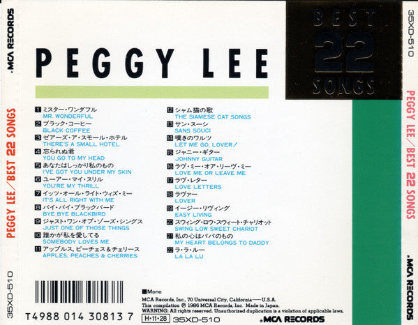 Peggy Lee : Best 22 Songs (CD, Album, Comp, Mono)