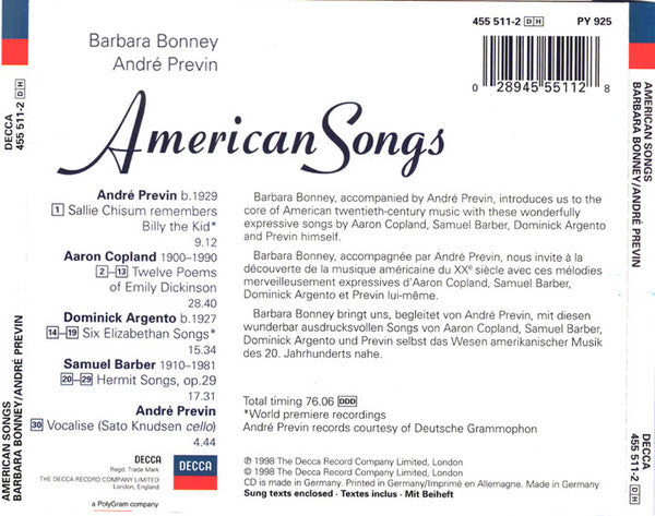 Aaron Copland / Samuel Barber / André Previn / Dominick Argento, Barbara Bonney, André Previn : American Songs (CD, Album)