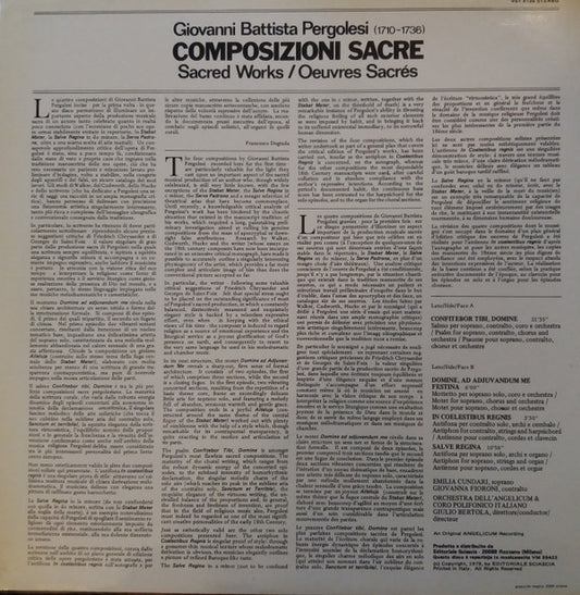 Giovanni Battista Pergolesi, Orchestra Dell'Angelicum Di Milano E Coro Dell'Angelicum Di Milano, Giulio Bertola : Composizioni Sacre (LP)