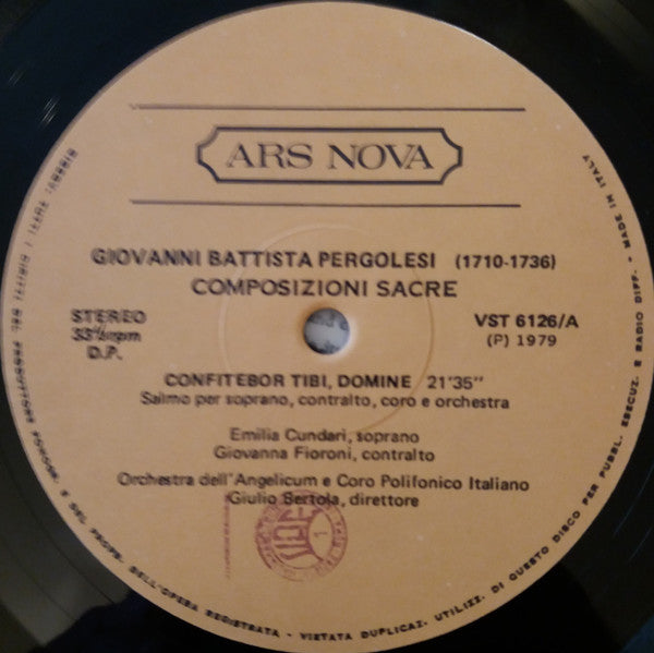 Giovanni Battista Pergolesi, Orchestra Dell'Angelicum Di Milano E Coro Dell'Angelicum Di Milano, Giulio Bertola : Composizioni Sacre (LP)