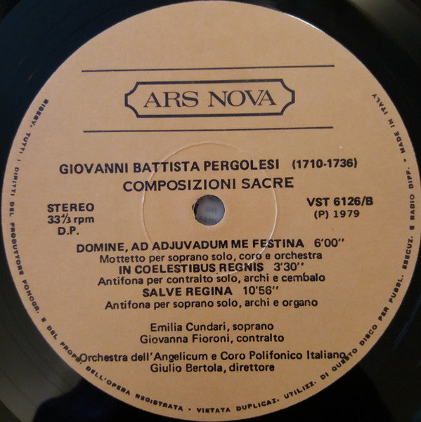 Giovanni Battista Pergolesi, Orchestra Dell'Angelicum Di Milano E Coro Dell'Angelicum Di Milano, Giulio Bertola : Composizioni Sacre (LP)